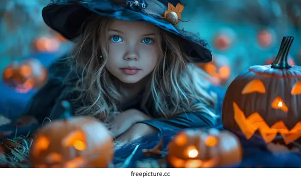 Adorable Little Witch with Autumn Pumpkins