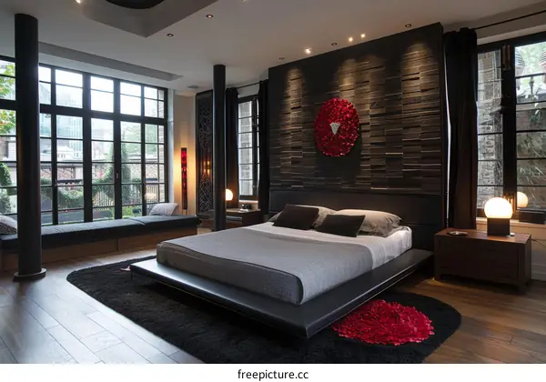 Modern Dark Bedroom with Large Windows