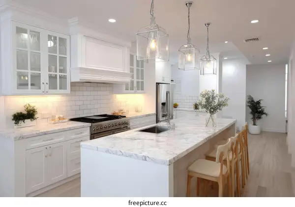 Modern White Kitchen Island with Granite Countertop