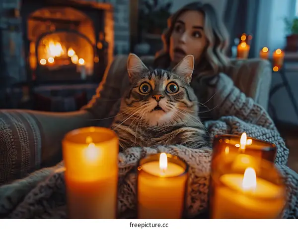 A tabby cat and a blonde woman are sitting in front of a fireplace