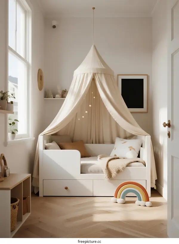 Modern children's room with canopy bed and rainbow decor