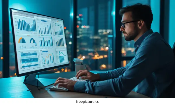 Male software engineer analyzing data on multiple computer screens in a dark office at night