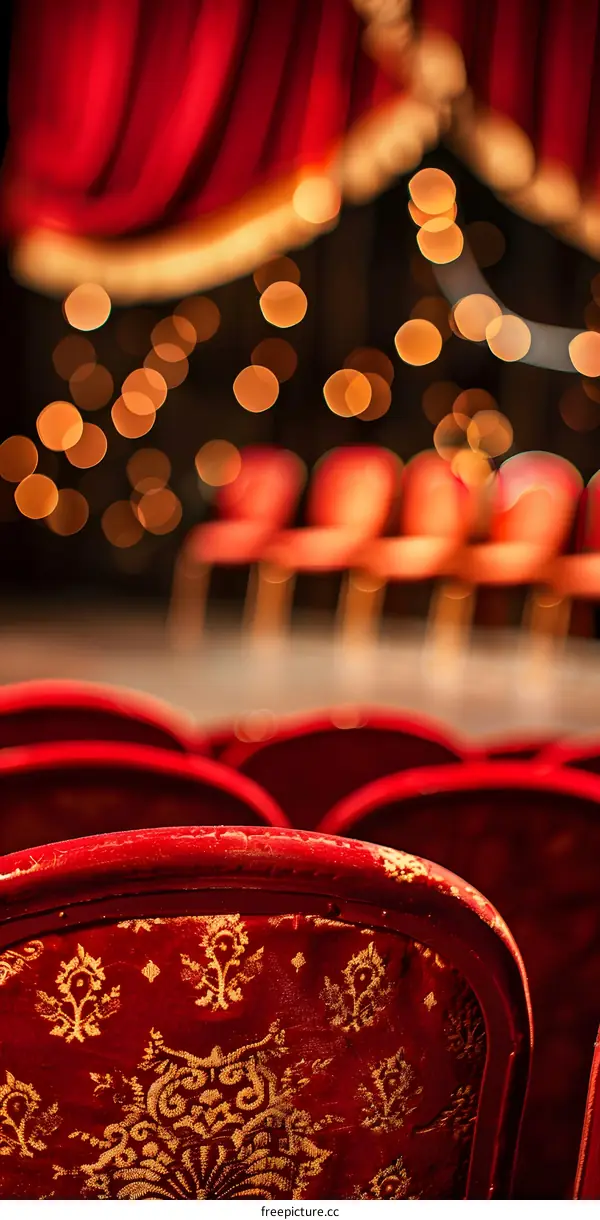 Red Velvet Seats and Stage Curtains in Theater