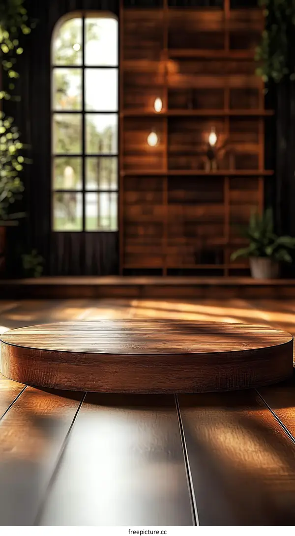 Wooden Display Podium in a Cozy Cafe Setting