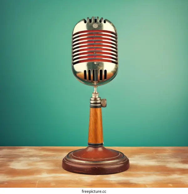 Retro microphone on wooden table with green background