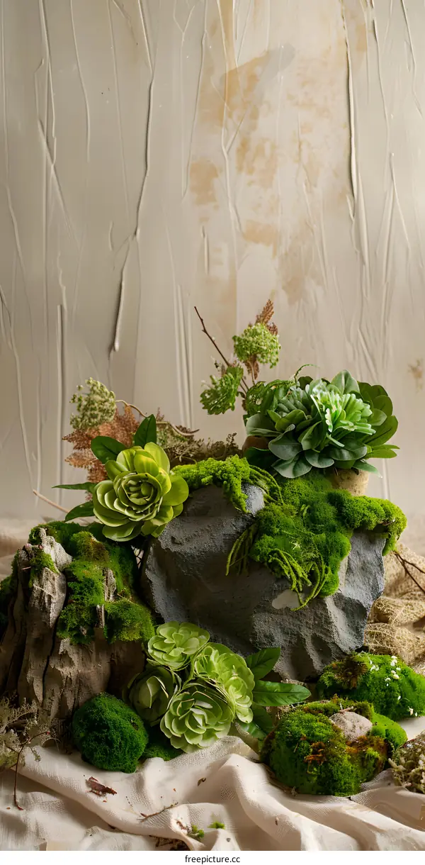 Green Succulents On Grey Rock With Moss
