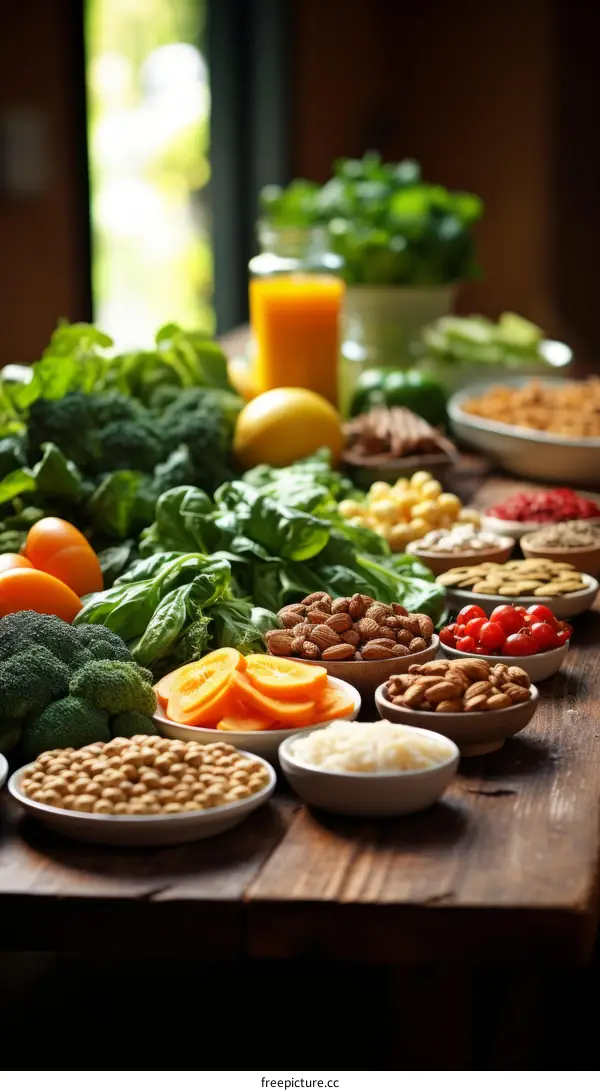 A variety of healthy food on a wooden table