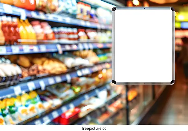 Blank Sign In Front Of Supermarket Shelves
