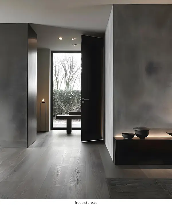 Modern Minimalist Interior Design with Grey Walls and Wooden Floor