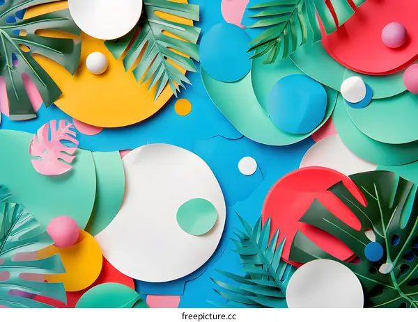 Colorful Abstract Paper Cutout Background with Tropical Leaves