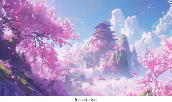 Floating Island Castle with Sakura Blossoms
