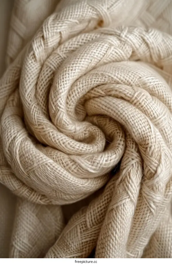 Rolled up cream-colored knitted fabric with a cable pattern