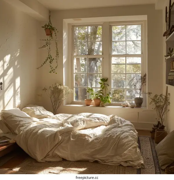 A Clean and Bright Bedroom with White Bed and Large Windows