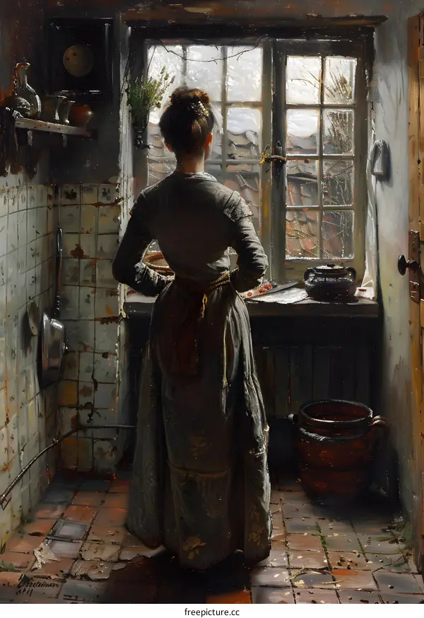 A woman standing in a kitchen looking out the window