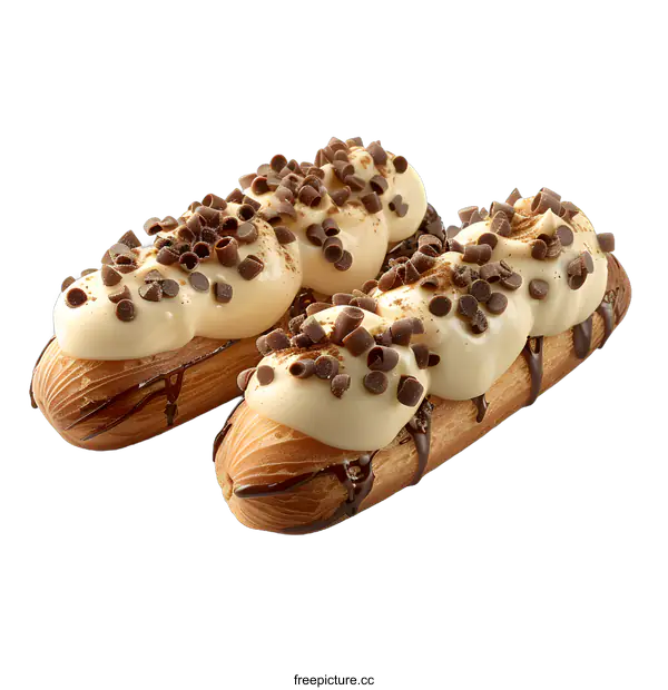 [Transparent Background PNG]Two Chocolate Chip Eclairs on White