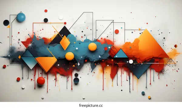 Colorful abstract painting with geometric shapes and paint splashes