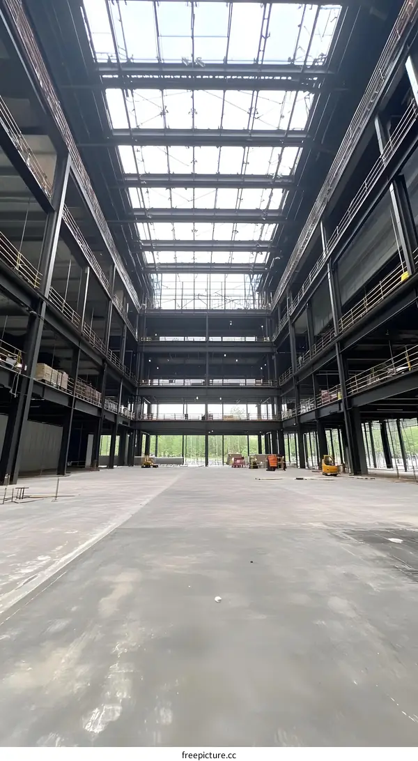 Interior of Large Building Under Construction with Glass Skylight