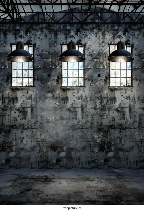 Three Black Industrial Lights Hang in Front of Concrete Wall