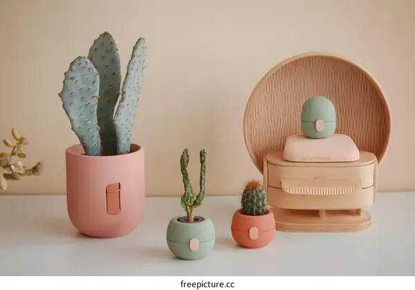 Cactus Plants in Modern Pots on a Wooden Shelf with Minimalist Design