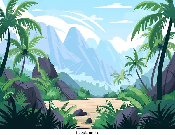 Tropical Landscape Illustration with Palm Trees and Mountains