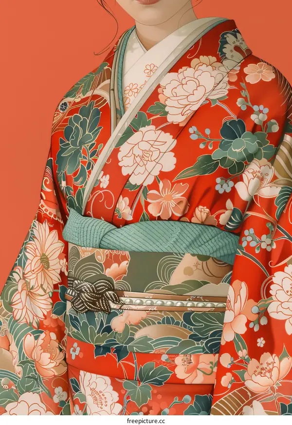 A woman wearing a red kimono with floral patterns