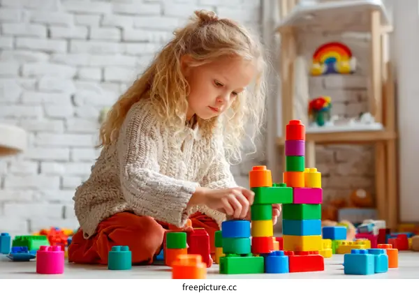 Little Girl Playing with Colorful Building Blocks