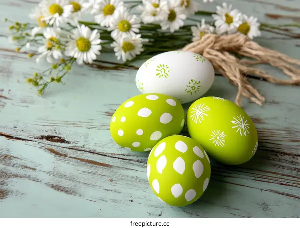 Easter Eggs Decorated on a Wooden Surface