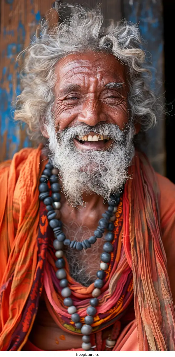 Smiling Indian Man with Long Grey Hair and Beard