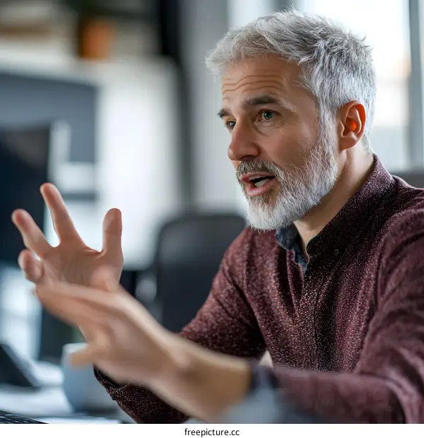 Mature Caucasian Businessman with Grey Hair Talking with Gestures