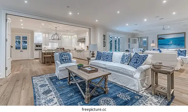 Modern Coastal Living Room with Blue Patterned Rug