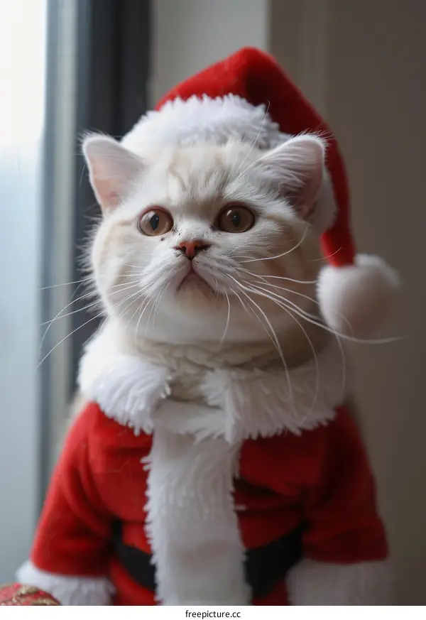 A cute cat wearing a Santa hat is looking up