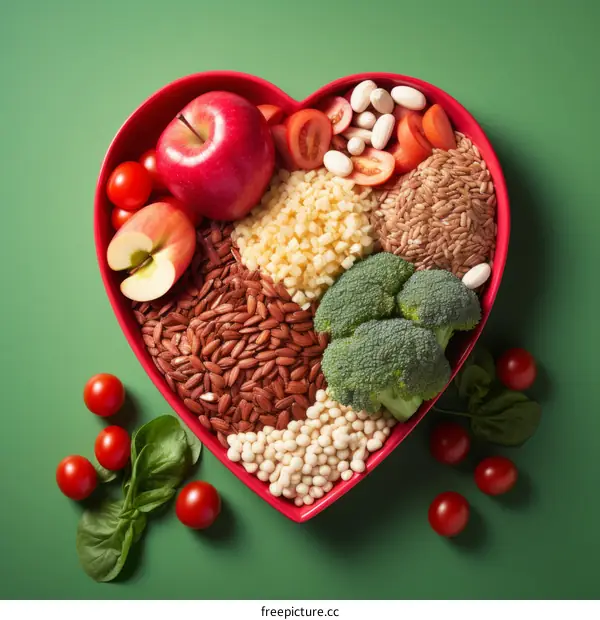 A variety of healthy food in a heart-shaped bowl