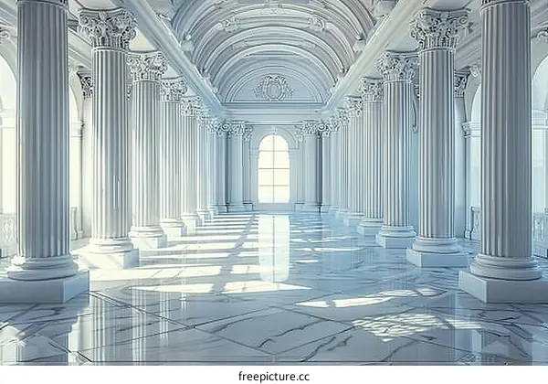 Grand Hall with Marble Columns and Sunlight