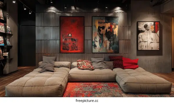 Modern Industrial Style Living Room with Large Abstract Paintings