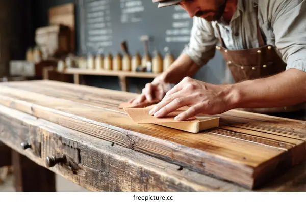 Woodworker Sanding a Wooden Surface in a Workshop