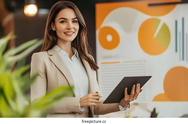 Businesswoman in a Beige Suit Holding a Tablet
