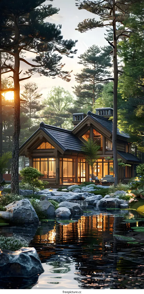 Modern wooden house in the woods near the lake