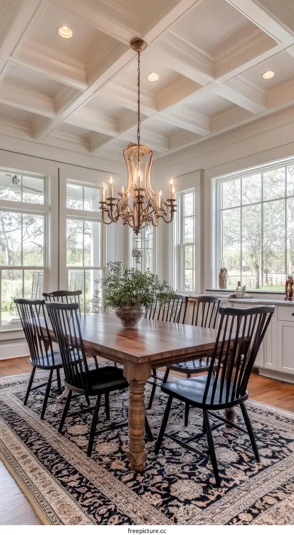 Elegant Dining Room with Ornate Ceiling and Wooden Table