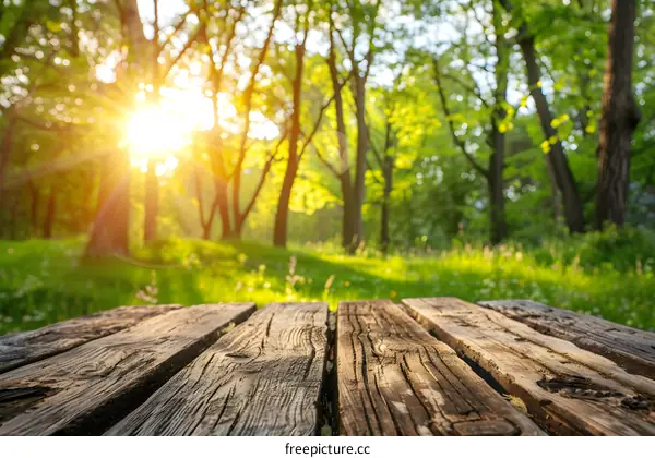 Wooden Table Top In Front Of Blurred Sunny Forest