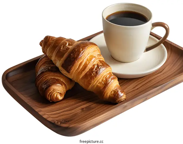 Freshly Baked Croissants With A Cup Of Coffee On A Wooden Tray