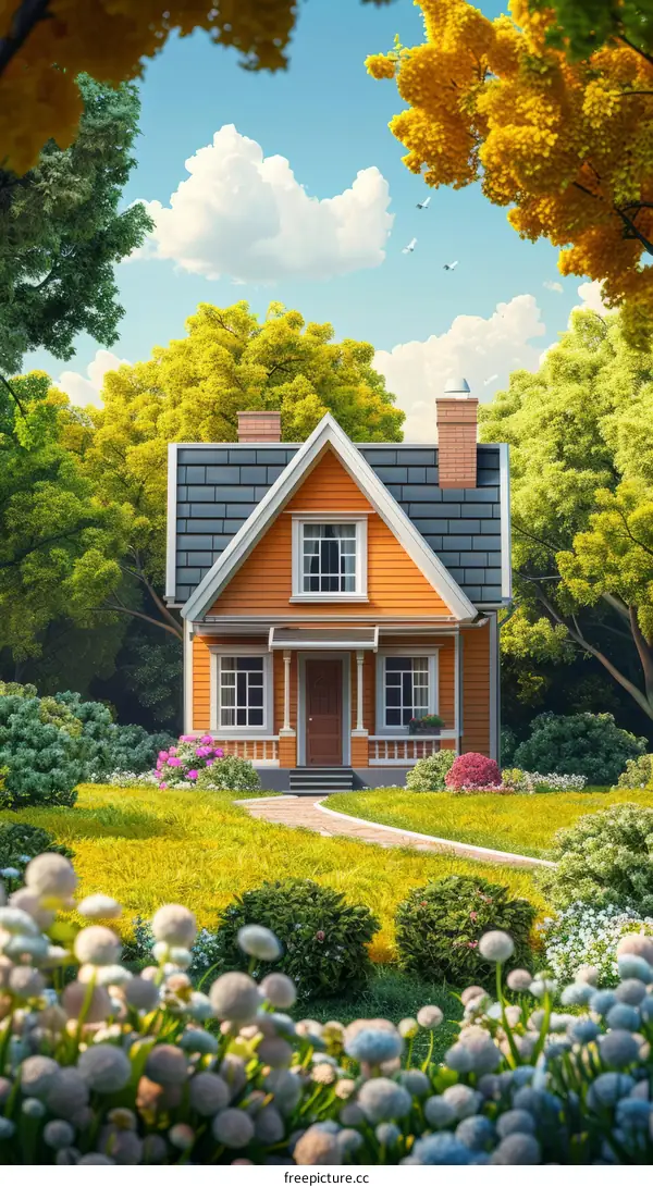 Small orange cottage in the middle of a lush green field surrounded by trees and flowers