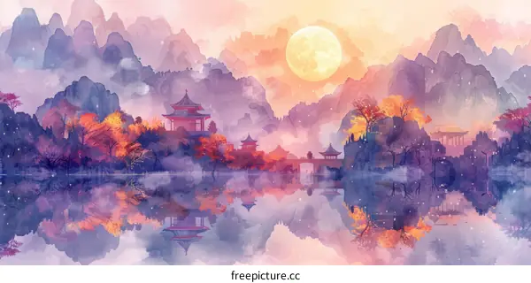 Misty mountains and tranquil waters of China