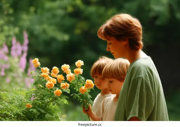 Mother and Children in a Garden with Flowers