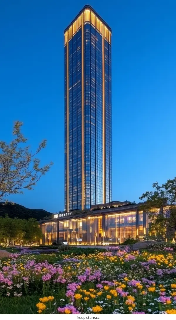 Modern Skyscraper at Twilight with Lush Landscaping