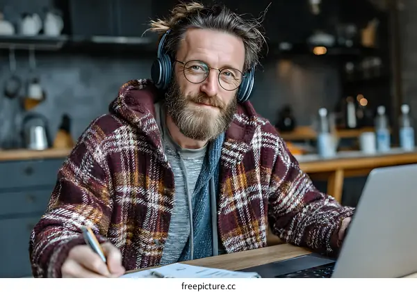 Caucasian man working from home in a cozy kitchen