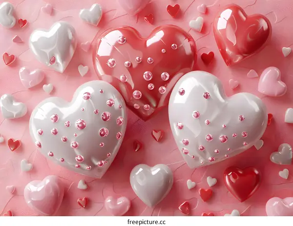 Pink and white heart-shaped balloons with polka dots