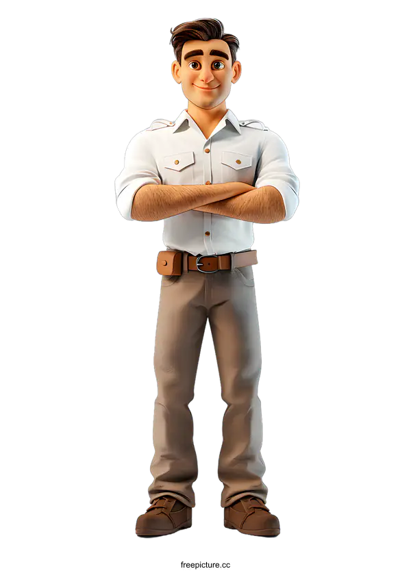 [Transparent Background PNG]A 3D rendering of a man wearing a white shirt and brown pants.