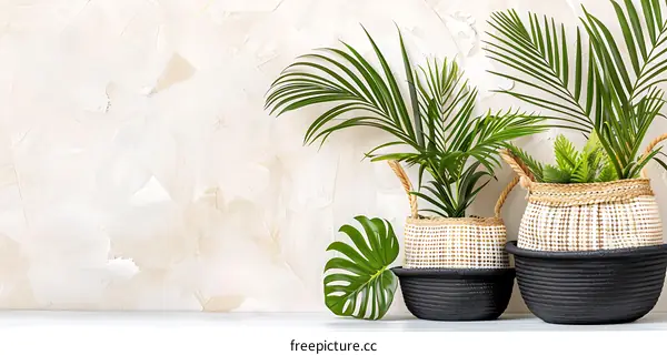 Tropical Plants in Woven Baskets Against White Wall