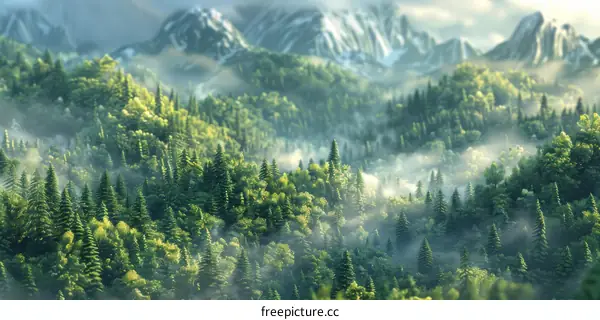 Misty Green Hills and Mountains