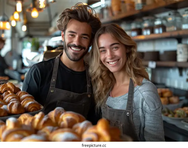 Portrait of a smiling young couple standing in a bakery